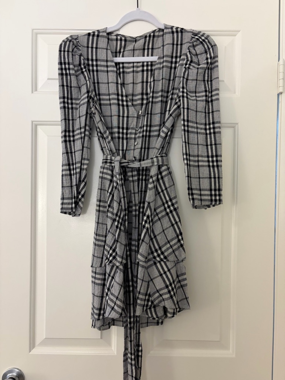 1. State Black & White Plaid V-Neck Wrap Dress with Puff Shoulders